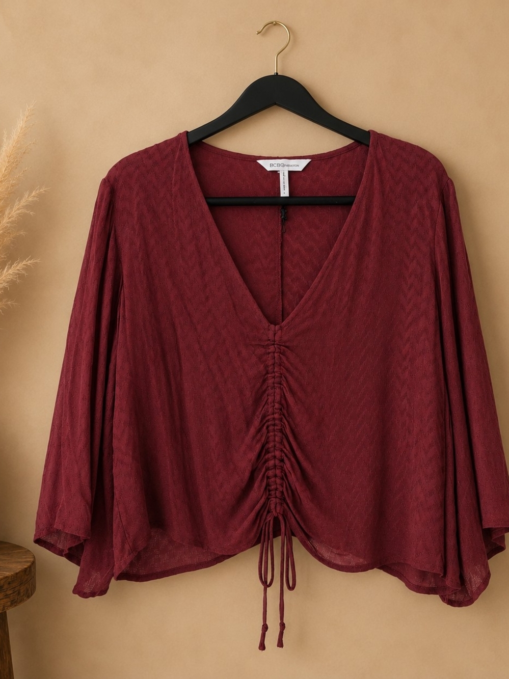 BCBGeneration Burgundy Ruched V-Neck Blouse